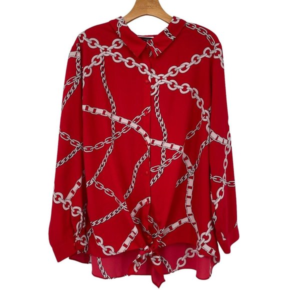 Susan Garver woman’s shirt blouse red chain pattern Tie  bottom Size 22w Plus - Picture 1 of 7